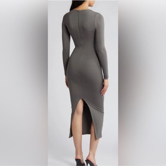 NAKED WARDROBE Extra Butter Long Sleeve Midi Dress Large Gray Bodycon Fall 90s - Picture 2 of 12